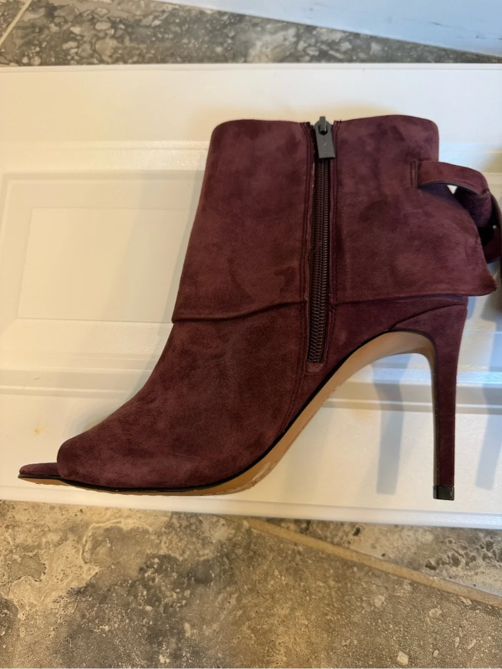 Vince Camuto Amesha Open-Toe Suede Maroon Women’s Ankle Booties with Bow Detail